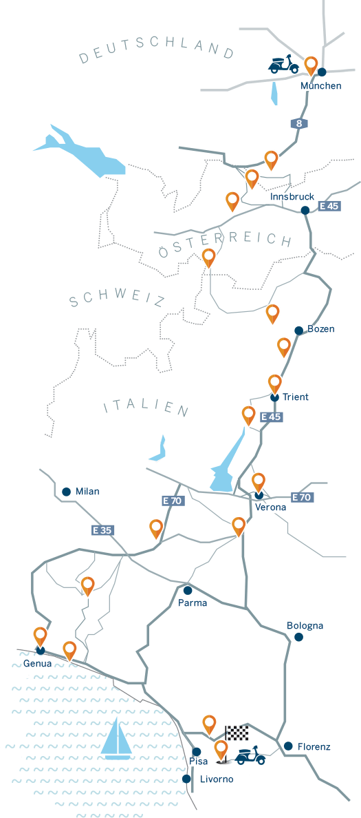 Von München aus über Meran, Verona und Genua nach Pontedera in der nördlichen Toskana – dorthin, wo vor 70 Jahren alles begann