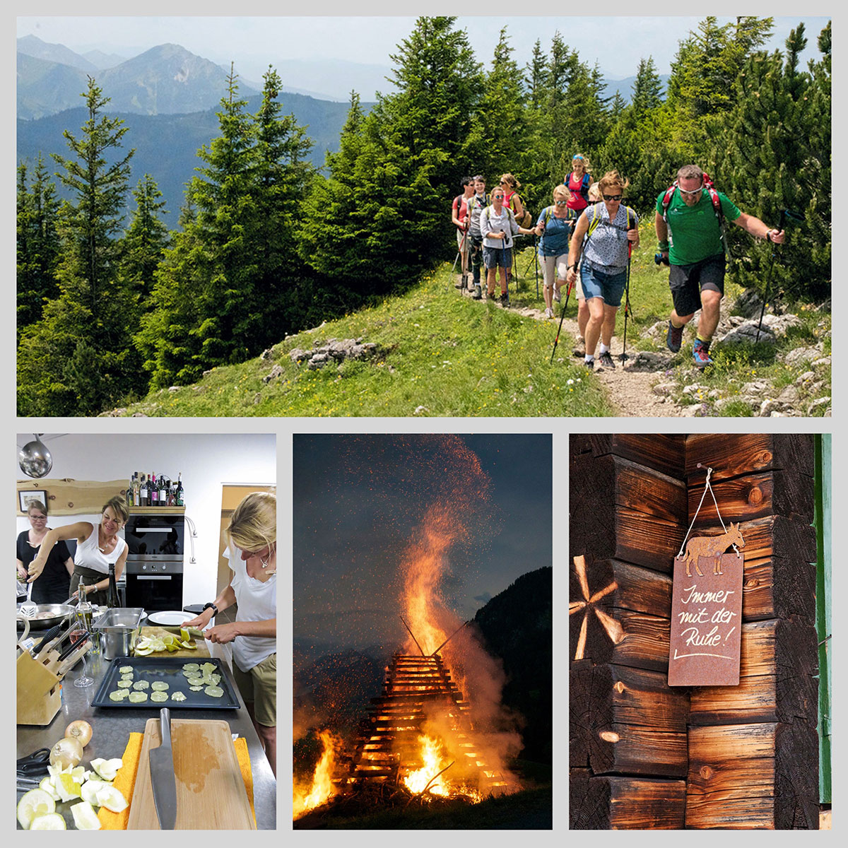 ALPS Bergworkshop – Tage im Glück. Durch wunderbare Landschaft – 1000 Höhenmeter im Aufstieg von Pfronten aus auf den Breitenberg (1.838 m) // Gemeinsames Kochen unter Anleitung unserer Bioköchin Michaela Baur // // Wir haben uns wie zu Hause gefühlt. Unsere Unterkunft in Pfronten: die Wildgrün Allgäu Lodge der Familie Plößl // Sonnenwende in Pfronten, ein wunderbarer Abschluss des Wochenendes // … wurde unser Tagesmotto, gesehen auf der Hündeleskopfhütte