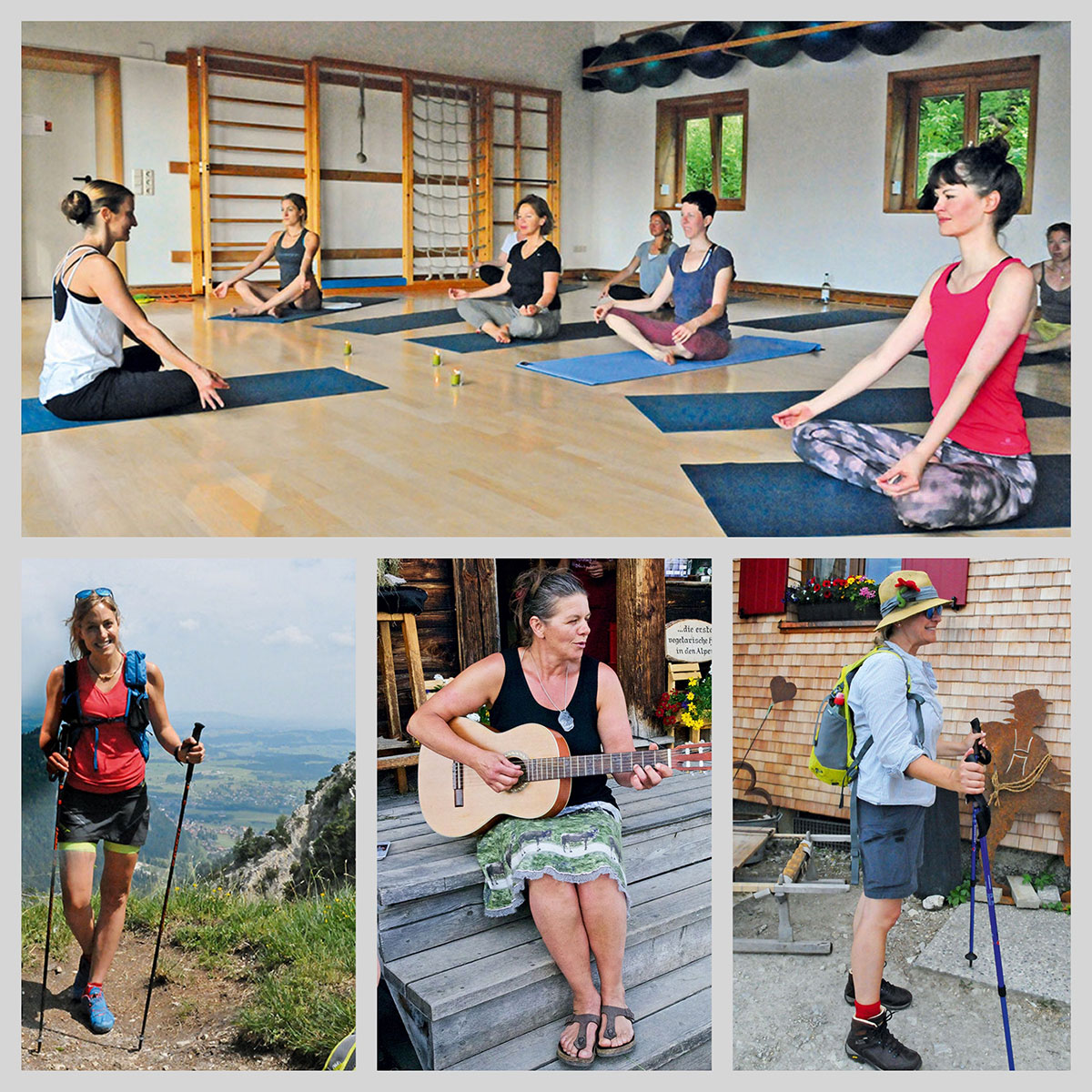 ALPS Bergworkshop – Tage im Glück. Mit Meditation und Sonnengrüßen den Tag beginnen // Gela Allmann, Bergsportlerin und Model, begleitete uns auf der ersten Tour // Mit Silvia, der Wirtin der Hündeleskopfhütte, wurde das eine oder andere Lied angestimmt // Zünftig unterwegs zur Einkehr in die Ostlerhütte