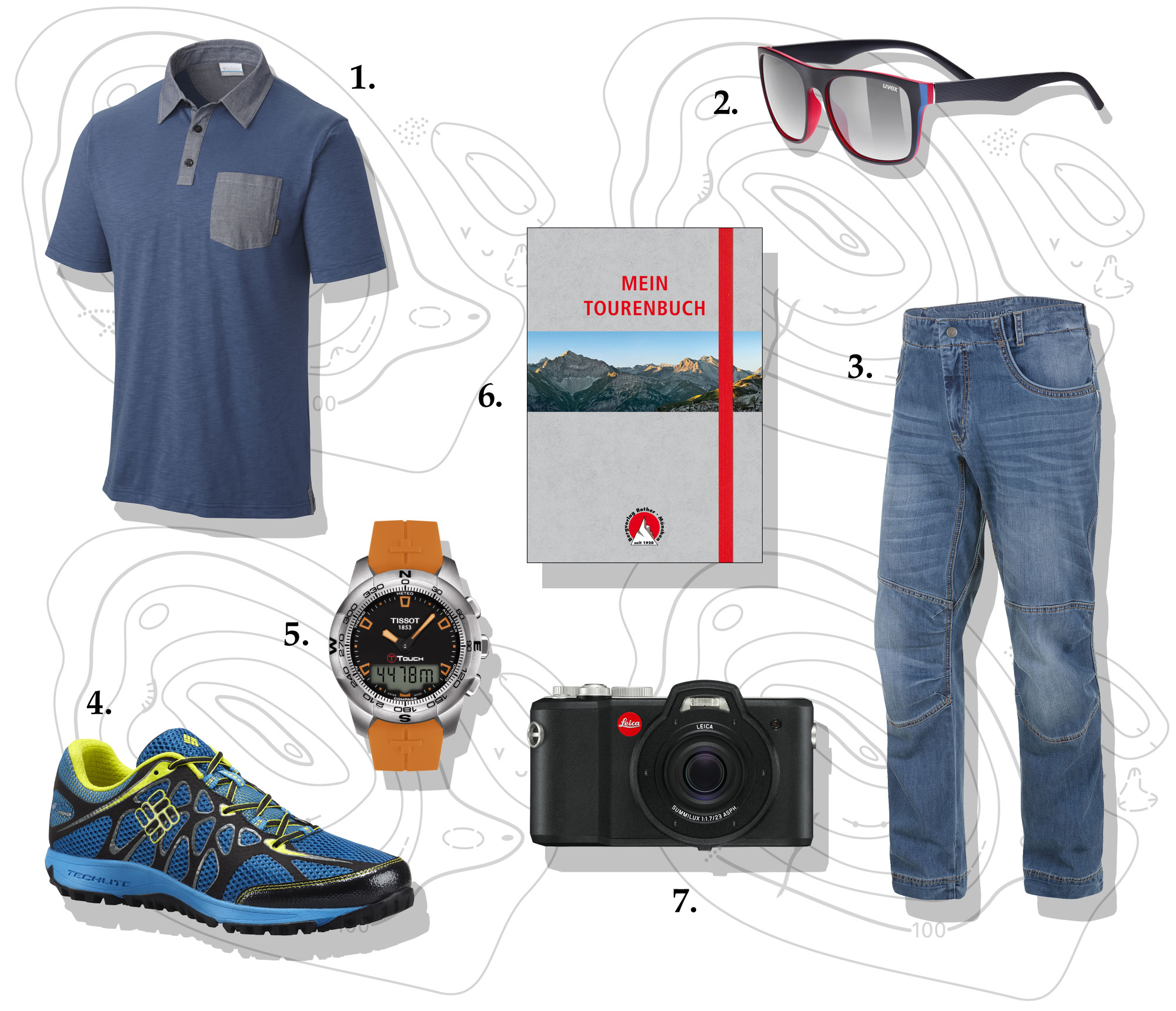 Mode und Accessoires zum Wandern: 1. Columbia – Lookout Point Novelty Polo. 2. uvex – lgl 26. 3. SALEWA – El Capitan 2.0 Pant. 4. Columbia – Conspiracy Titanium OutDry. 5. Tissot – T-TOUCH Expert Solar. 6. Bergverlag Rother – Mein Tourenbuch. 7. Leica – X-U (Typ 113).