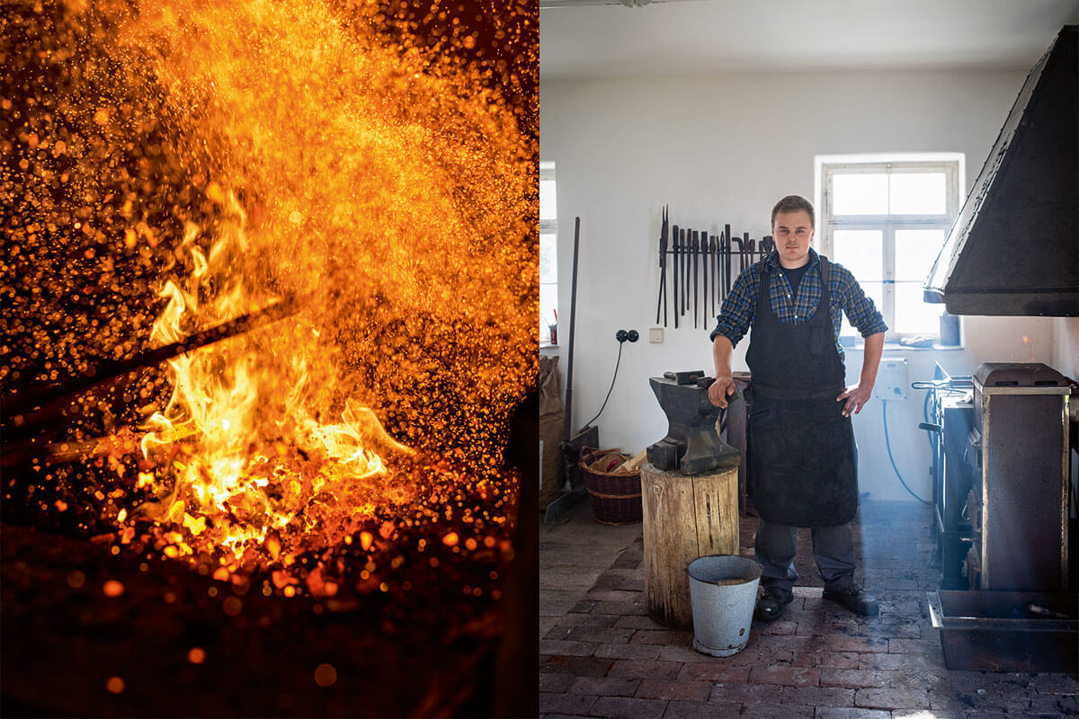 Traditionelle Hoflampen – Die Eisenbieger. Der Mann an der Esse: Max Schneider ist gelernter Metallbauer und baut mit seinem Vater Stefan Hoflampen nach alter Schmiedekunst