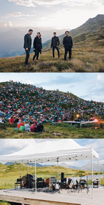 QUATTRO: Die Vier vom Herbert Pixner Projekt sind bestens aufeinander abgestimmt – nicht nur farblich. SOMMERNACHTSWALZER: Am Jaufenpass kann es im August schneien – in diesem Jahr bleibt das Wetter aber gnädig. GITANES: Als die Bühne endlich aufgebaut ist, gönnen sich die Musiker erstmal eine kleine Raucherpause