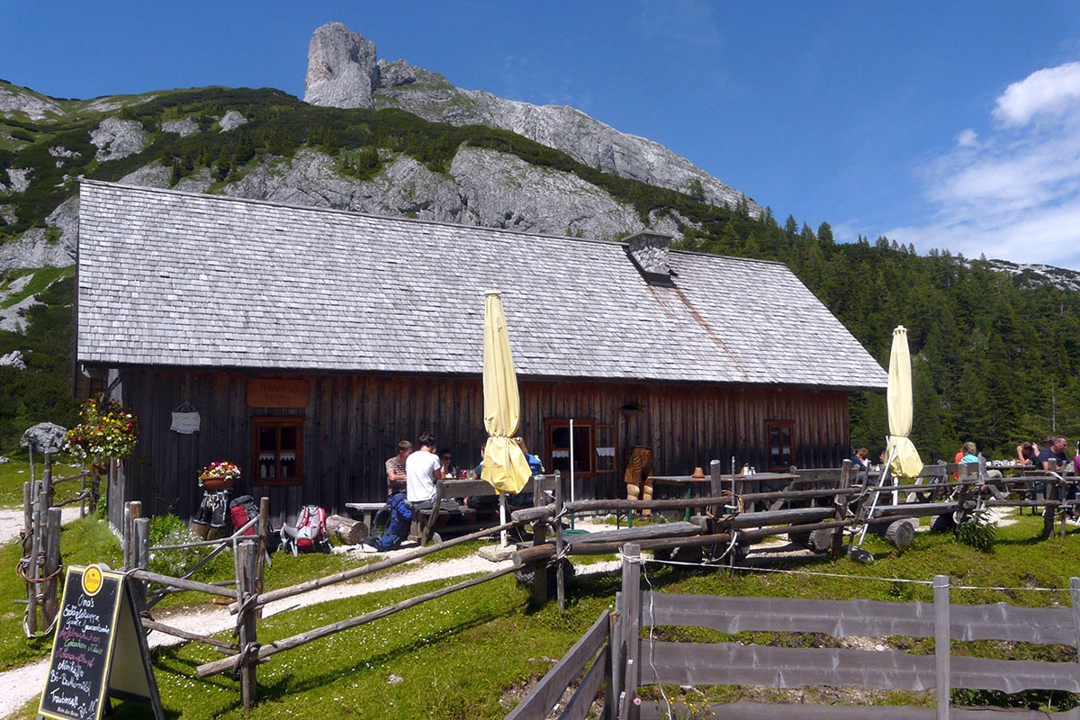 Mitten in einem Feld aus Alpenrosen liegt die Trawenghütte auf der Tauplitzalm.