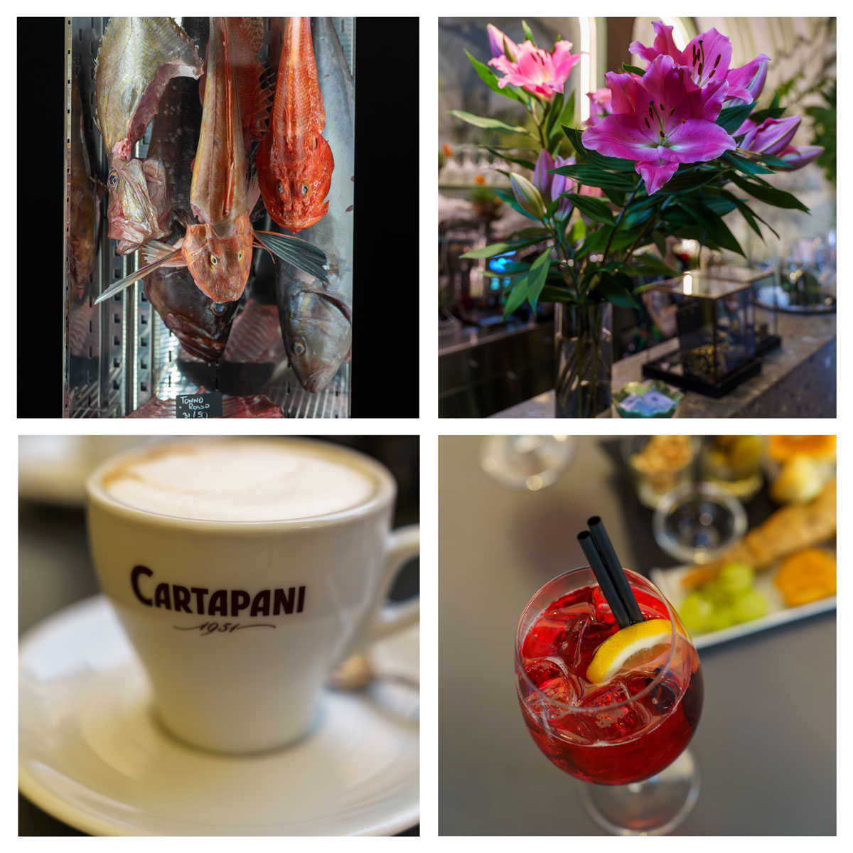 Edelfisch und Edel-Ambiente im Ristorante Nineteen (oben). Morgens ein Cappuccino und ein „Pirlo“ zum Aperitif.