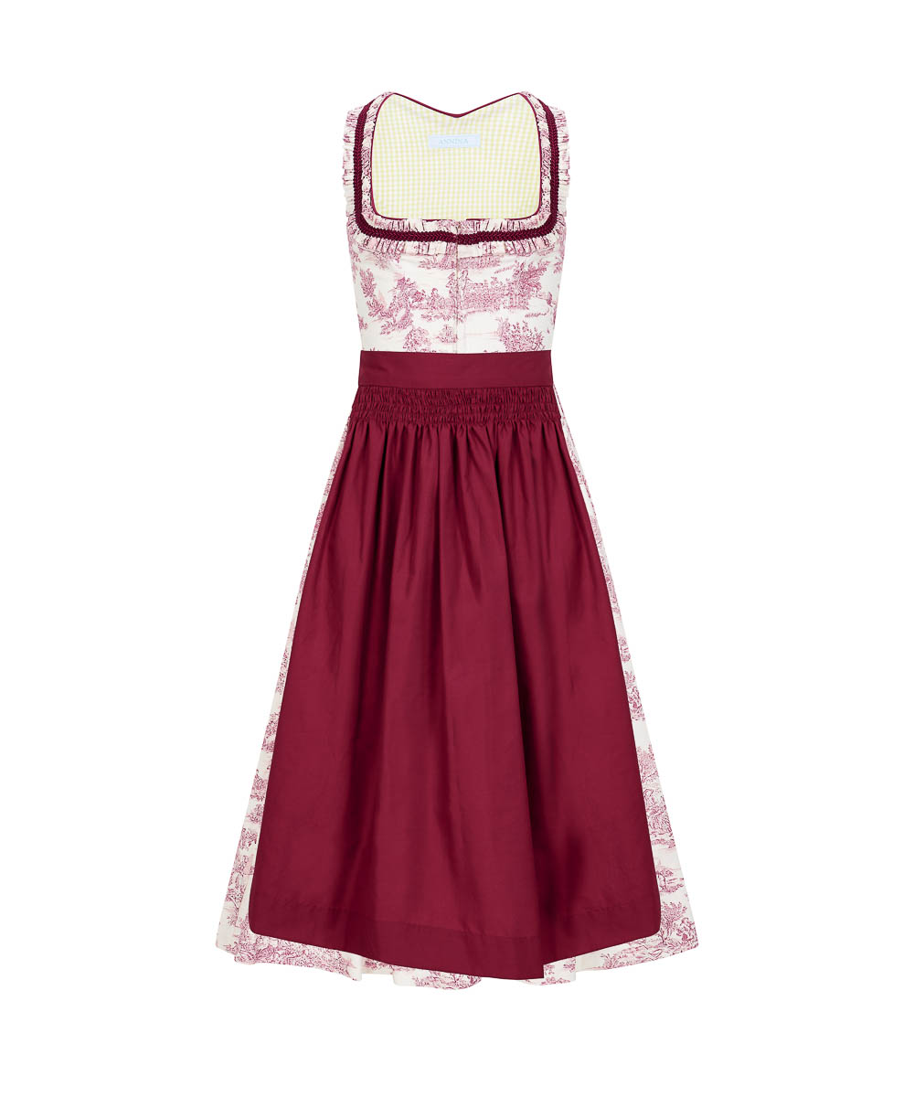 Dirndl „Mafalda“ aus bedrucktem Baumwollstoff „Toile de Jouy“ mit Seidenschürze.