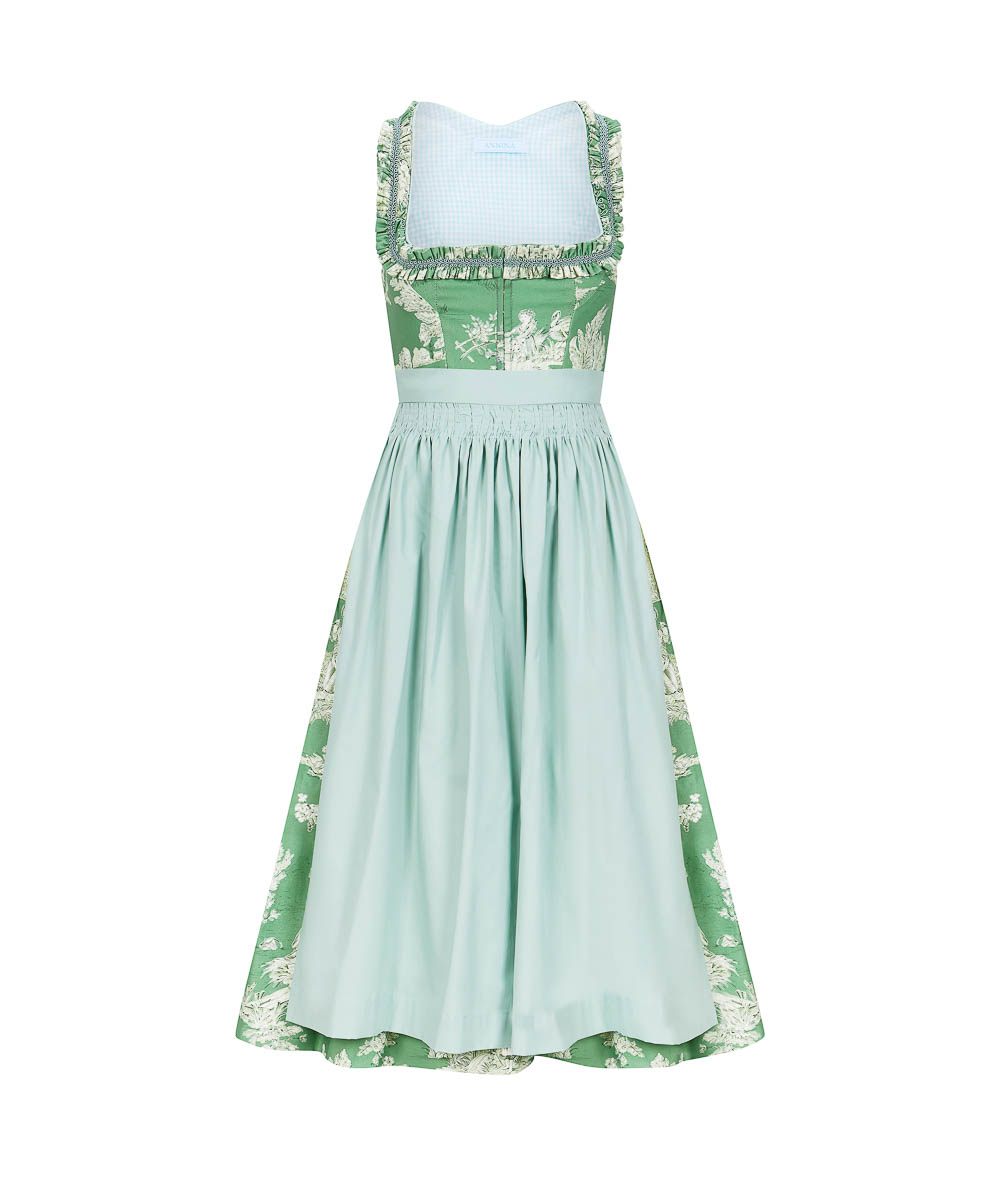 Rüschen am Ausschnitt zieren das Dirndl „ Henriette“ aus Baumwollstoff; alle Dirndl kosten um 1119 €.