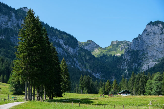 Die Hintere Längentalalm schmiegt sich in das vom Arzbach ausgeprägte Tal vor der Probstwand in die Kulisse.