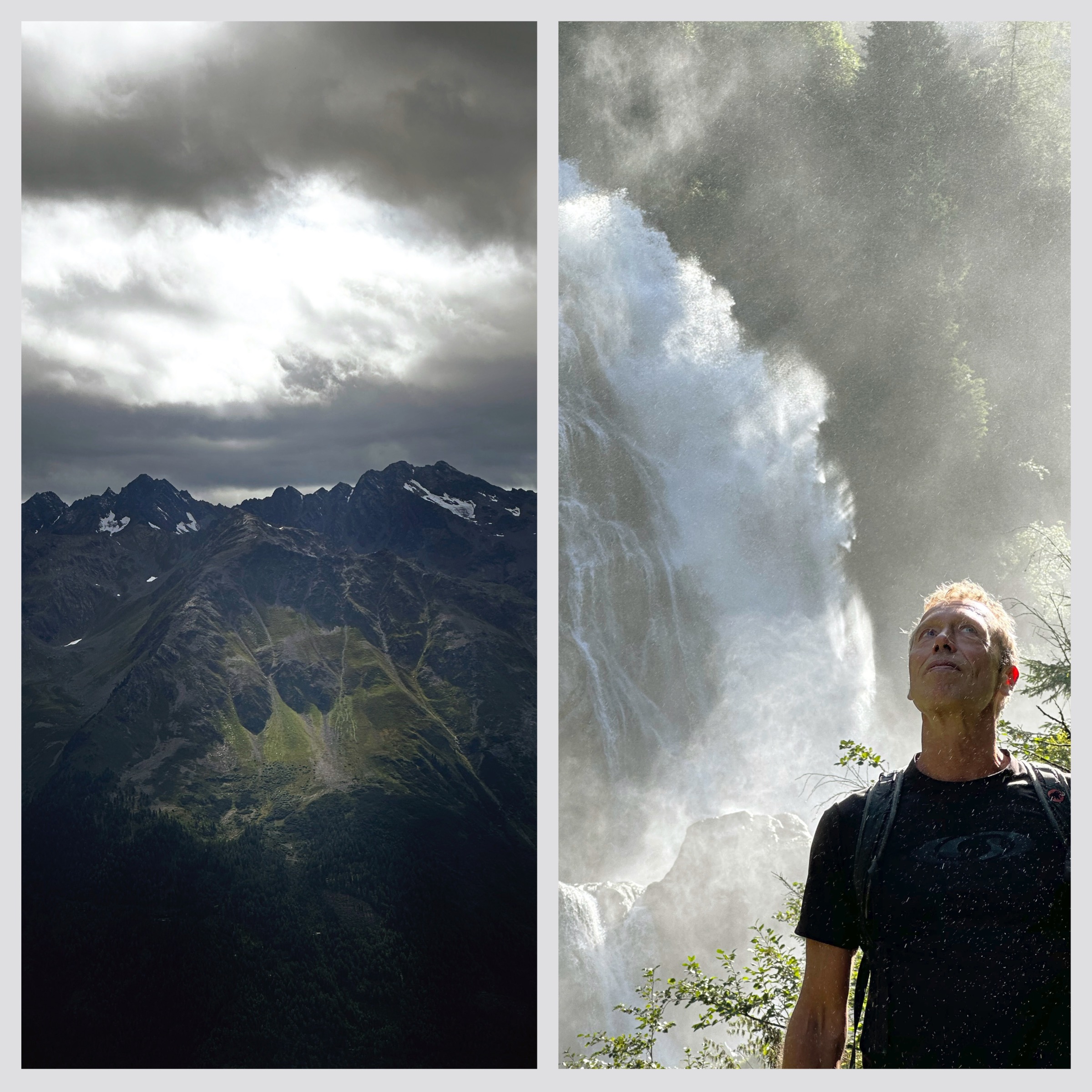 – 1 Lichtblick von der Mahdebene auf den Peistakogel über Niederthai. – 2 Matthias in der Gischt des Stuibenfalls.