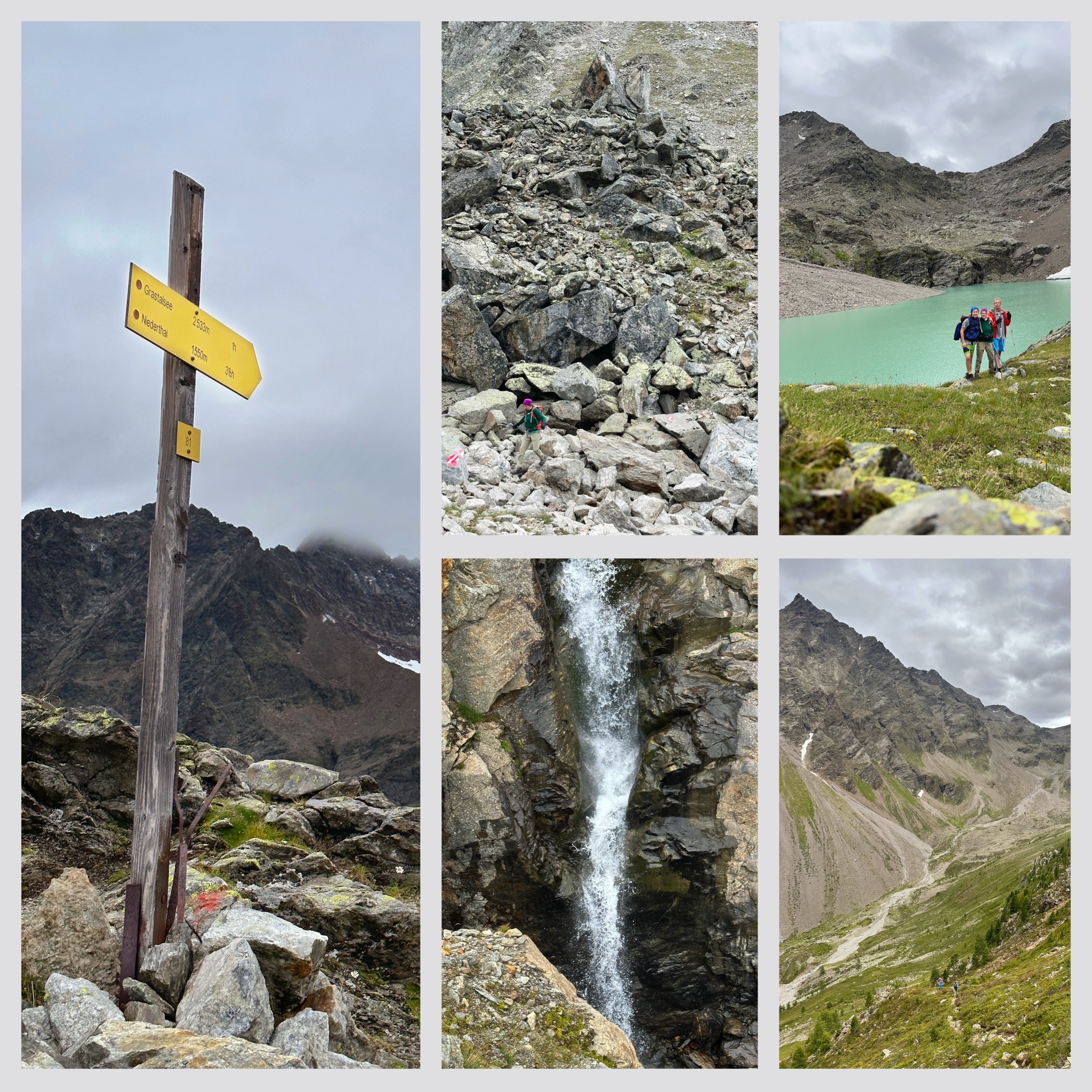– 1 Graue Aussichten ins Grastal und zum Grastalgletscher. – 2 Blockwerk in Orange: Uli und Matthias beim Abstieg ins Grastal. – 3 Mann zeigt Bein am Grastalsee. – 4 Schmelzwasserfall. – 5 Stairway zur Mahdebene.