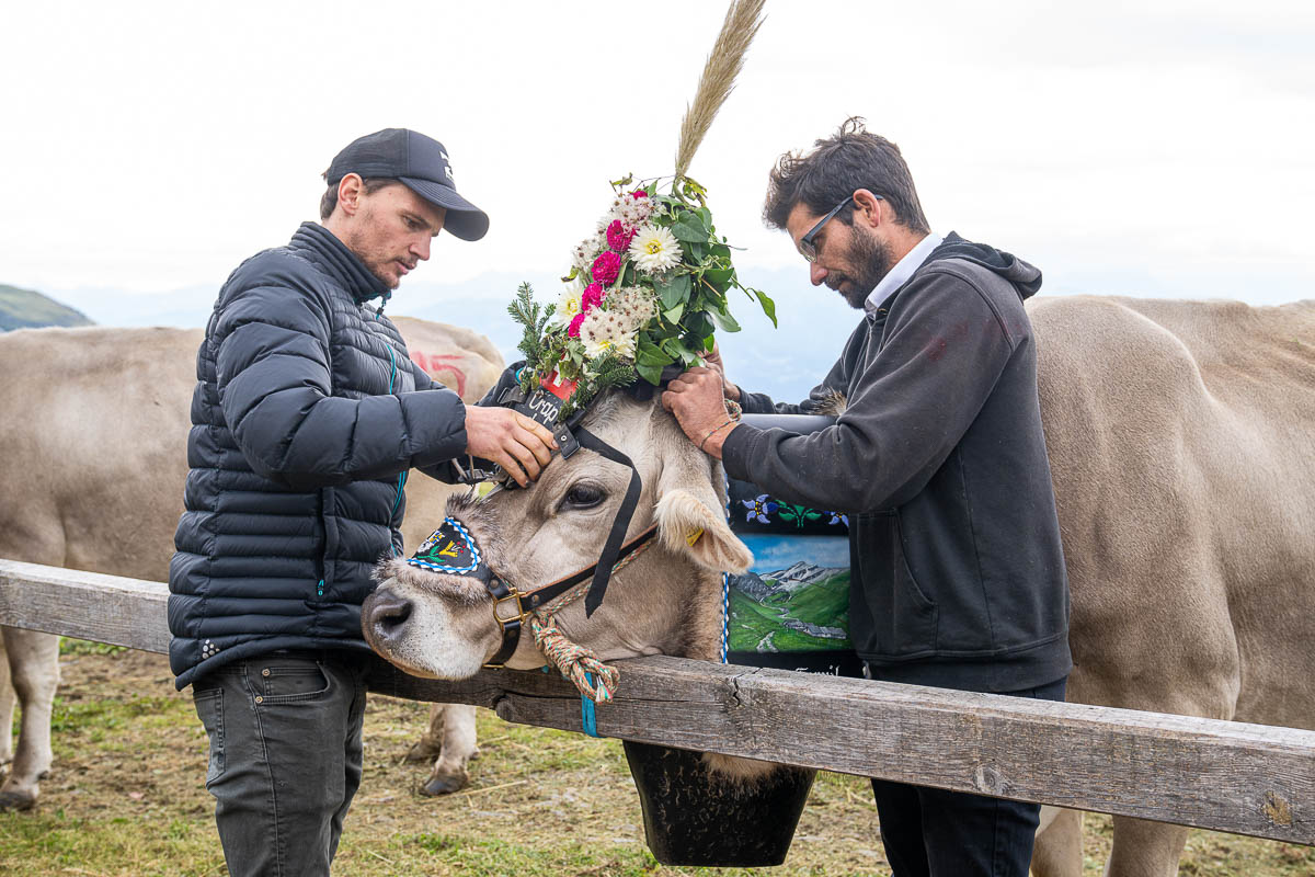 Roman Niederberger (r.) und ein Helfer beim Schmücken.
