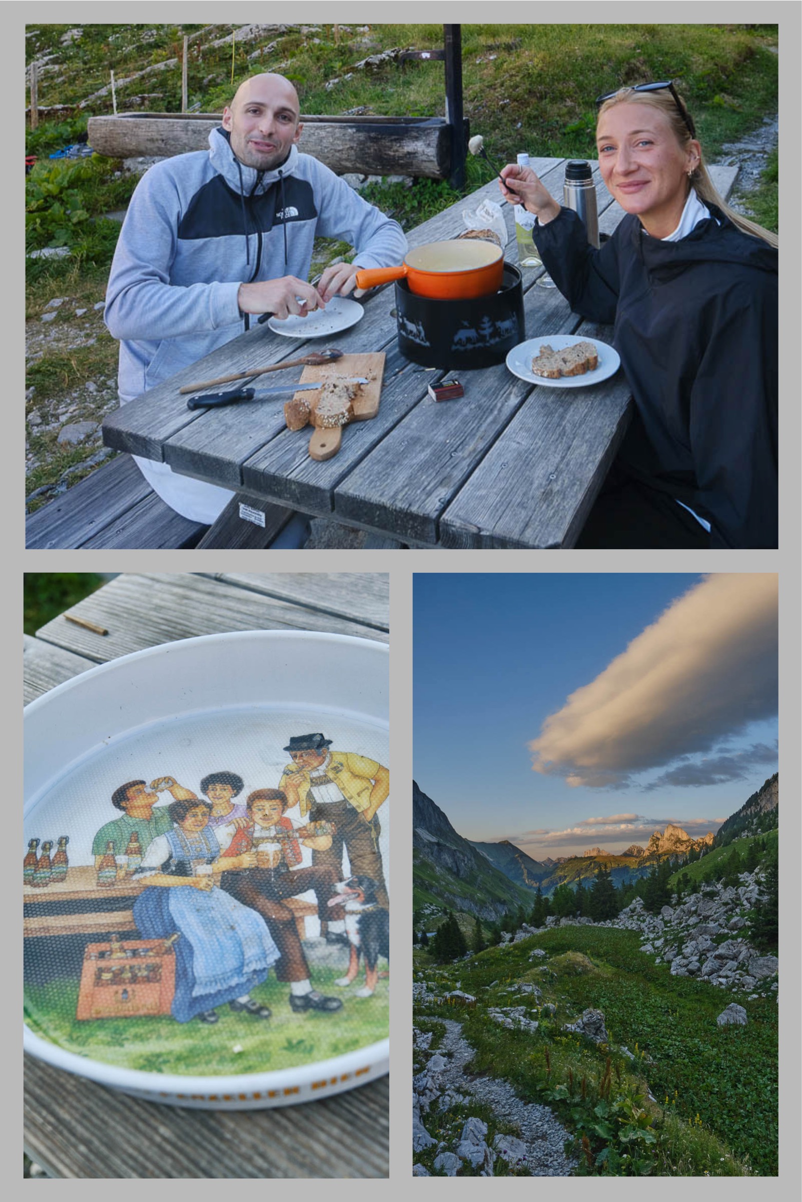 – 1 Say Cheese: Junges Paar aus der Region beim Käsefondue auf der Cabane des Marindes. – 2 Hoch die Humpen: Bierwerbung à la Suisse. – 3 Im Süden die Gastlosen: Abendlicht auf den „Saanenländer Dolomiten“.