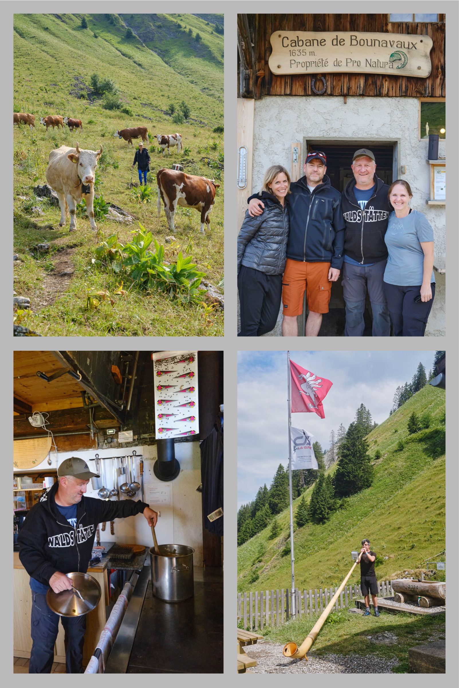 – 1 Kein Bammel vor Gebimmel: Marion entspannt zwischen Almkühen. – 2 Happy Hut! Christelle, Fred, Fabrice und Melanie haben die Cabane de Bounavaux eine Woche bewartet. – 3 Koch und Topf: Fabrice mit Gemüsesuppe. – 4 Bertrand bläst sein Alphorn auf der Cabane de Bounavaux.