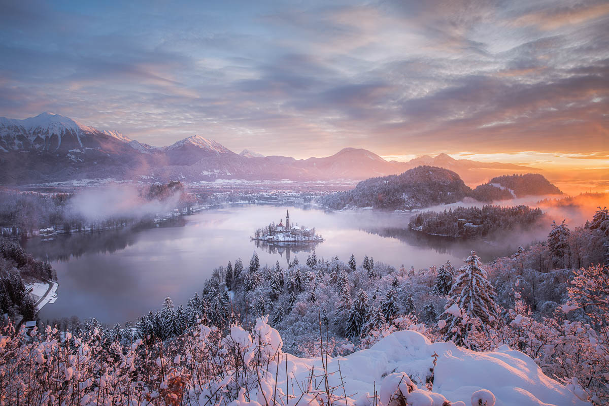 Der Bleder See im Winter mit der Inselkirche, umgeben von verschneiten Wäldern und Bergen im Morgenlicht. Copyright: Jaka Ivančič