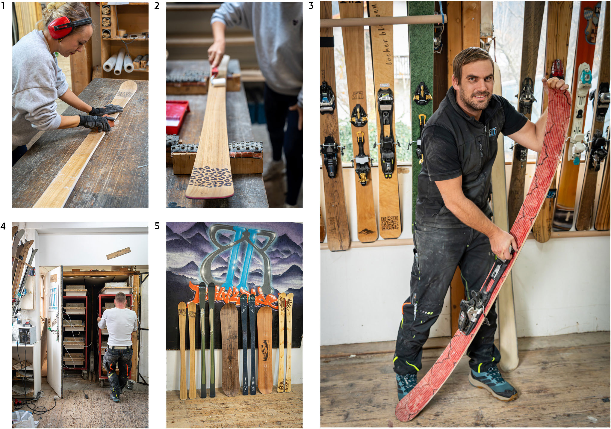 Collage aus einem Skibau-Workshop mit Teilnehmern, Werkstattatmosphäre, Designarbeiten und fertigen handgemachten Ski.