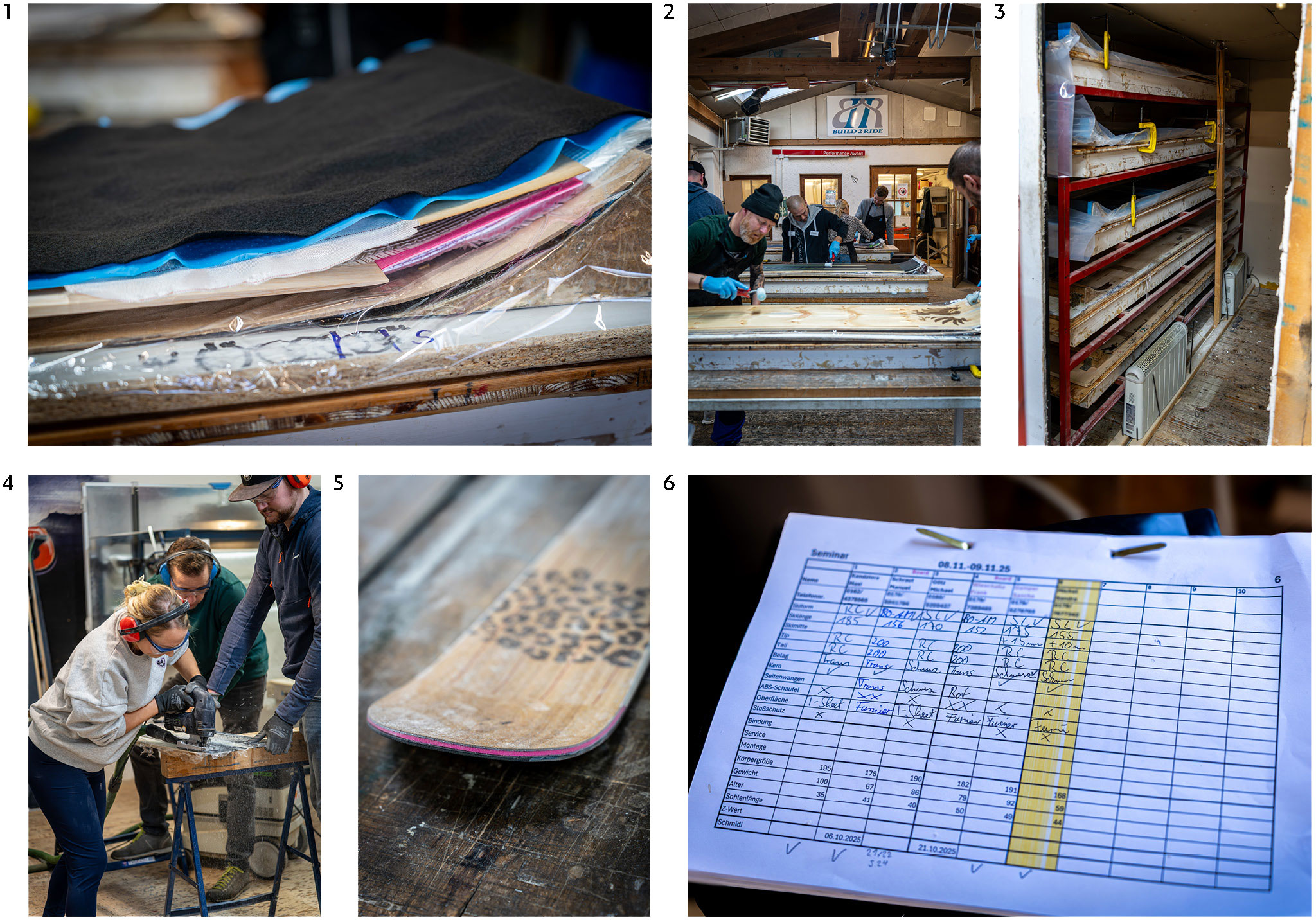 Collage zeigt den Schichtaufbau, das Pressen, Designarbeiten und die Dokumentation beim Bau individueller Ski in einer Werkstatt.