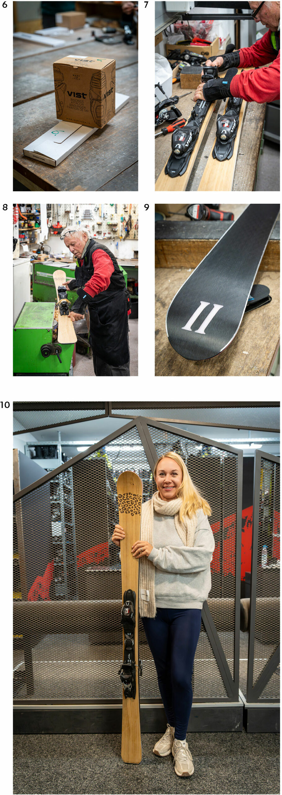 Collage mit letzten Arbeitsschritten im Skibau wie Bindungsmontage, Schleifen, Kantenbearbeitung und Detailansichten fertiger Ski.