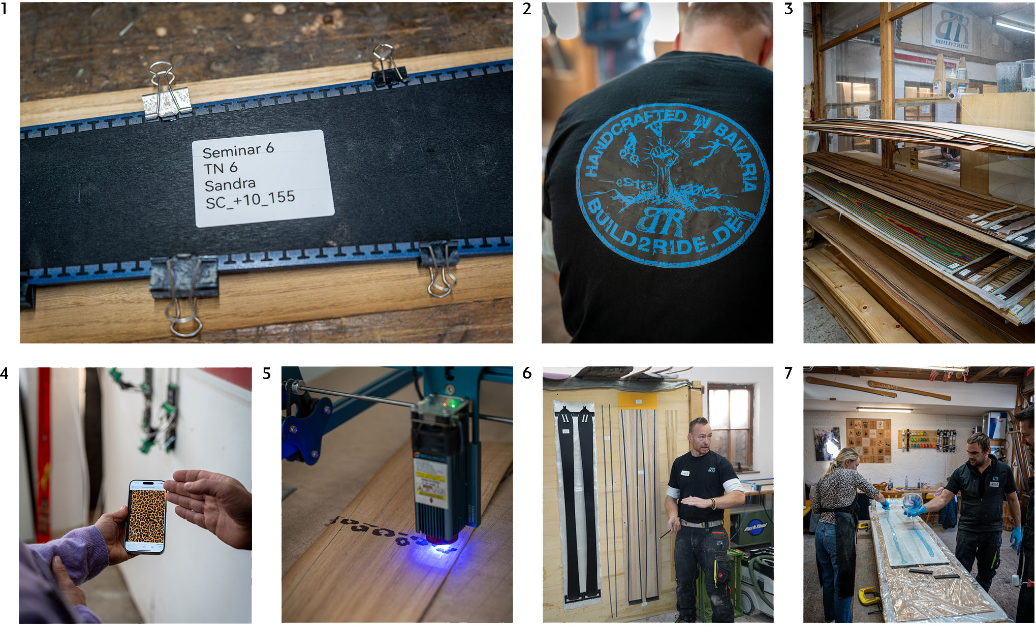 Collage aus einem Skibau-Workshop mit Detailaufnahmen von Kanten, Materialien, Werkstattarbeit und ersten Arbeitsschritten beim Bau handgemachter Ski.