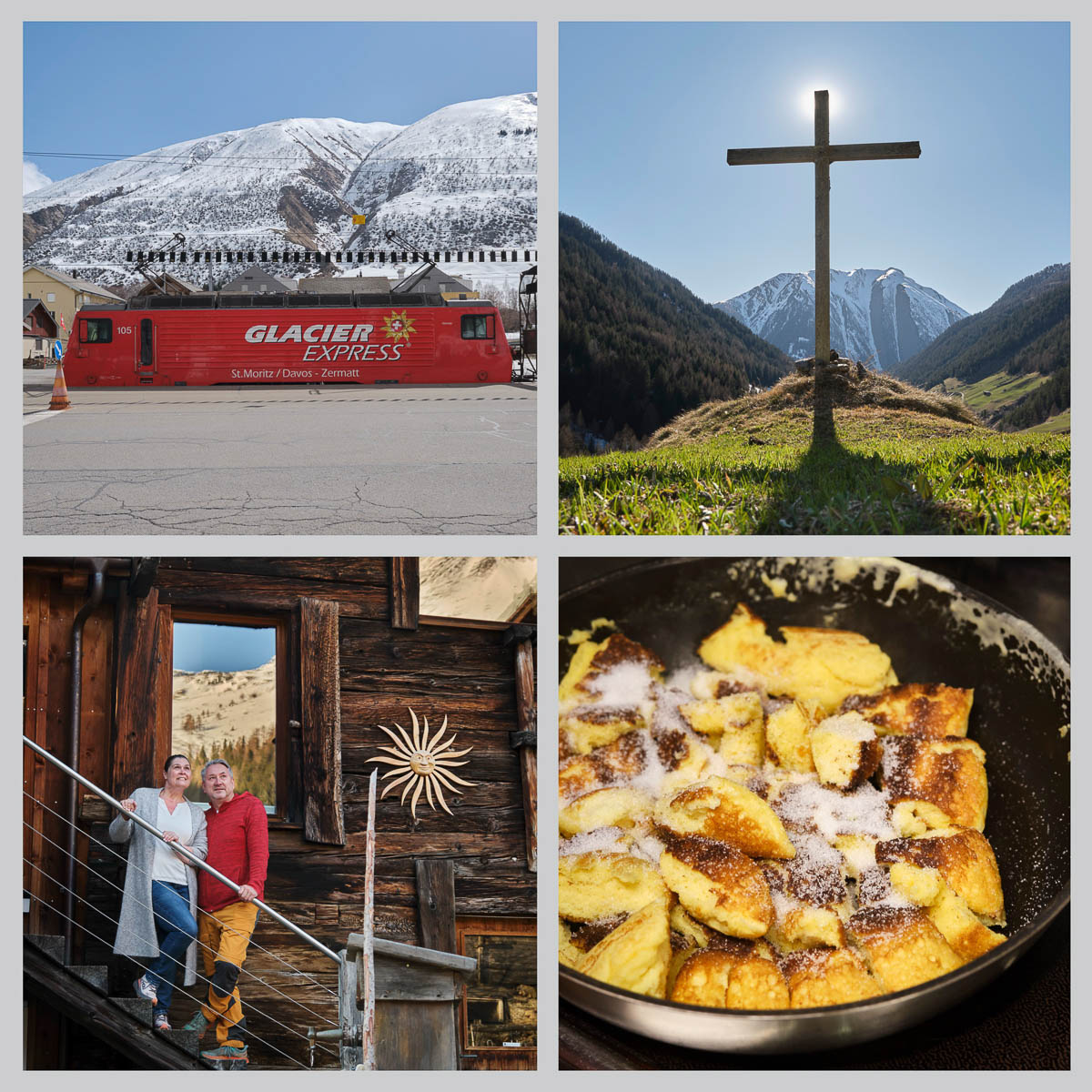 Glacier Express im Wallis und Gipfelkreuz vor verschneiten Alpenbergen entlang der Tour de Soleil