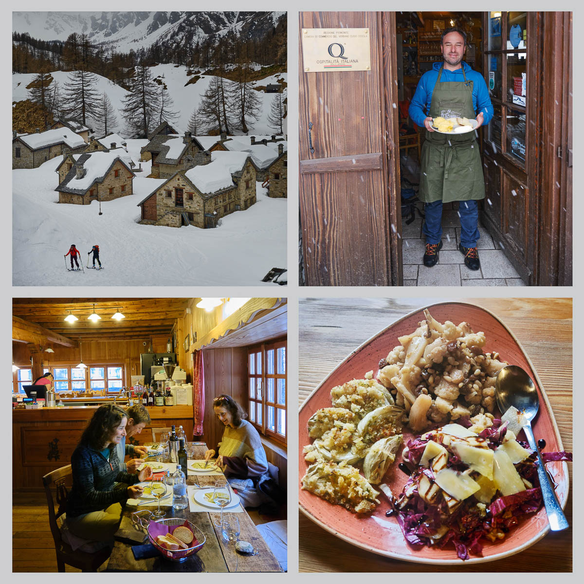 Polenta mit Ragù in Alpe Veglia und Wirt bei der Zubereitung regionaler Spezialitäten