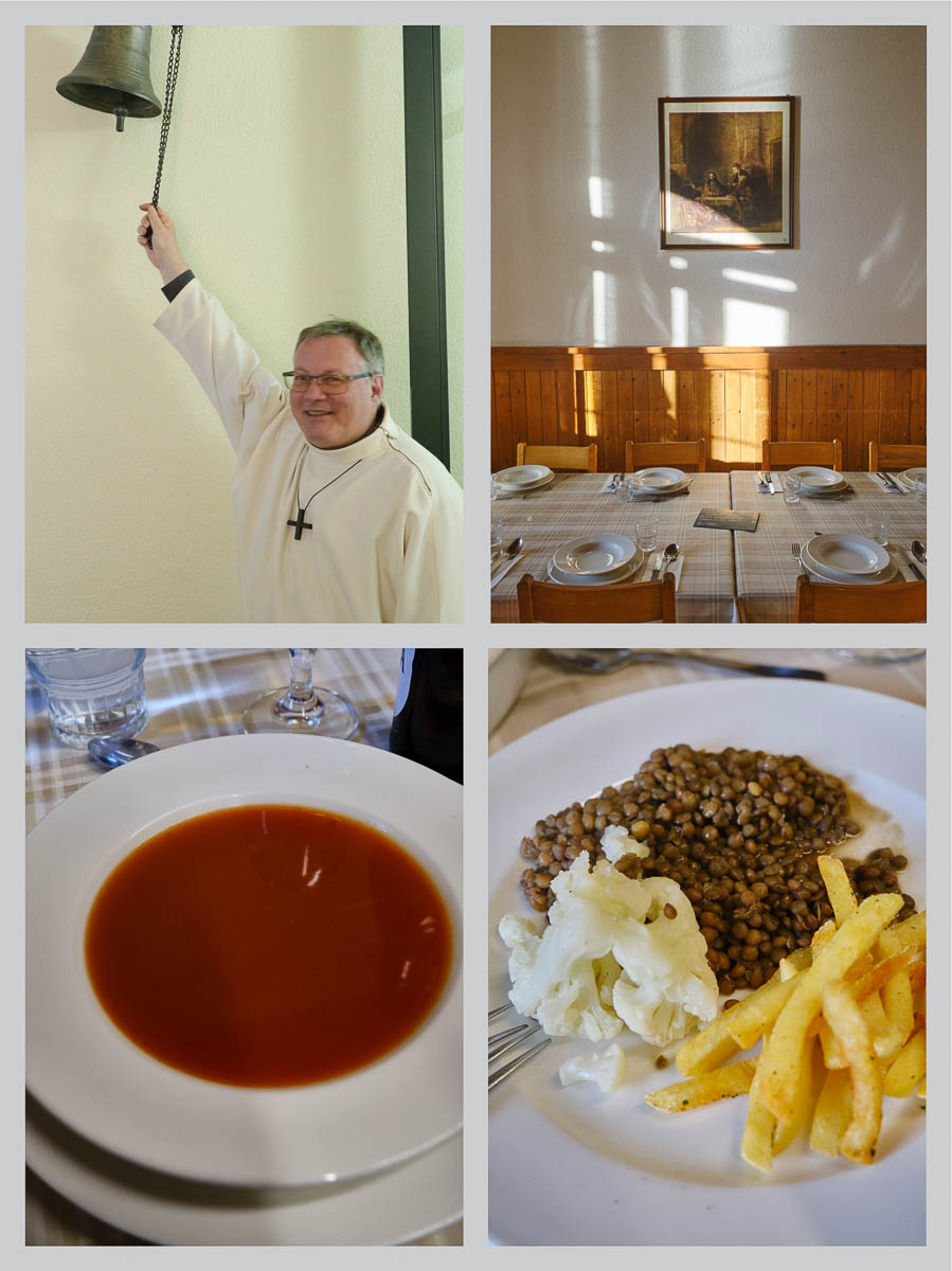 Abendessen im Simplon Hospiz im Wallis mit Suppe und Linsengericht während der Skidurchquerung
