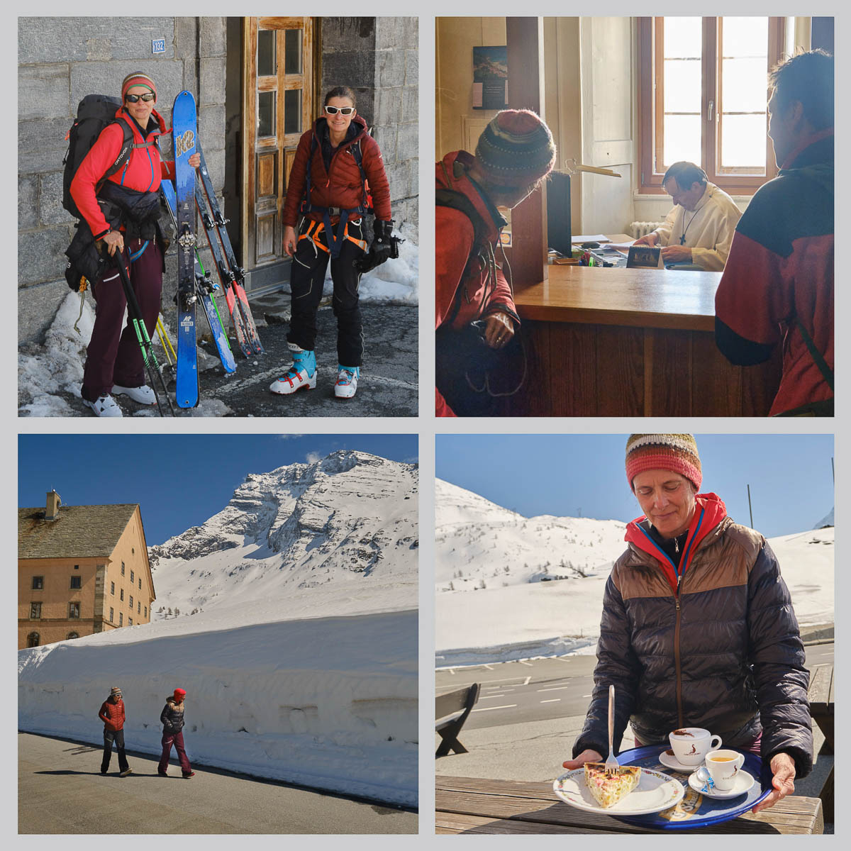 Skitourengeher am Simplonpass und Einkehr mit Kuchen und Espresso nach der Tour de Soleil