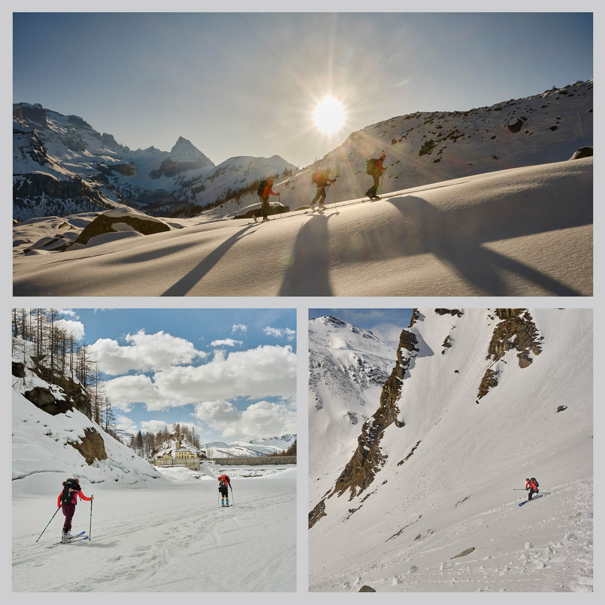 Skitourengeher im Morgenlicht auf der Skidurchquerung vom Wallis ins Piemont