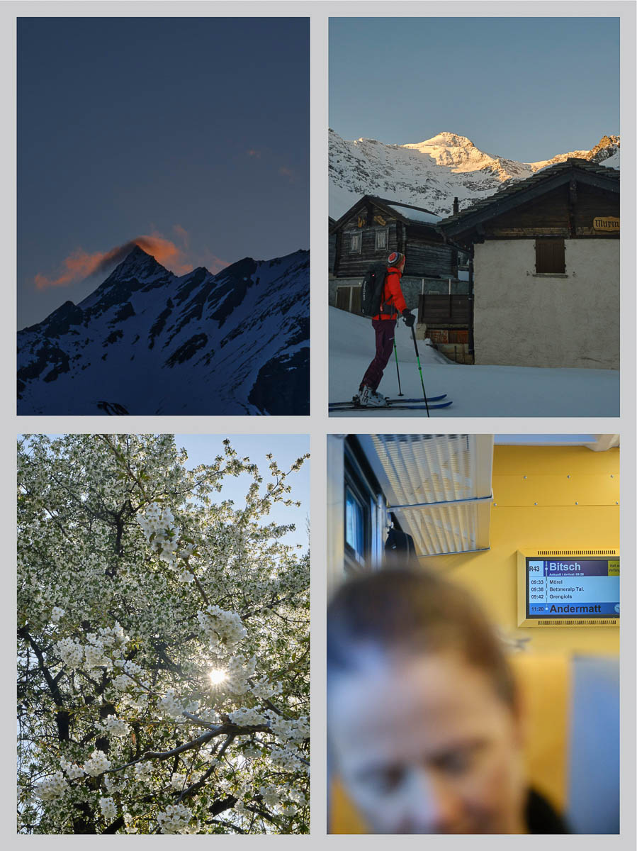 Sonnenaufgang in den Walliser Alpen, Skitour nahe Berghütte und Heimreise mit Zug Richtung Andermatt nach der Skidurchquerung Tour de Soleil