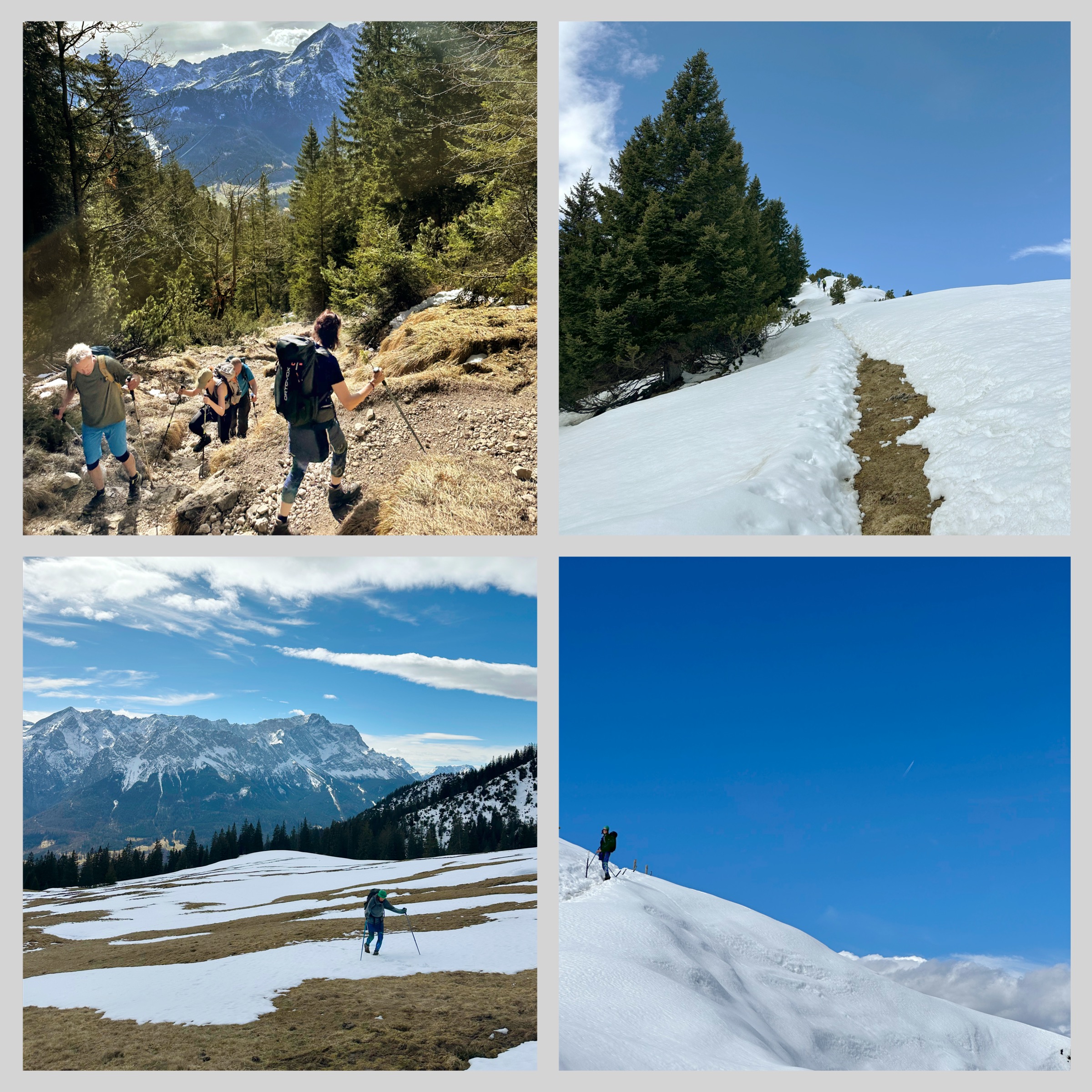 Wanderer im Aufstieg durch Altschnee und Frühlingslandschaft am Hirschbichel