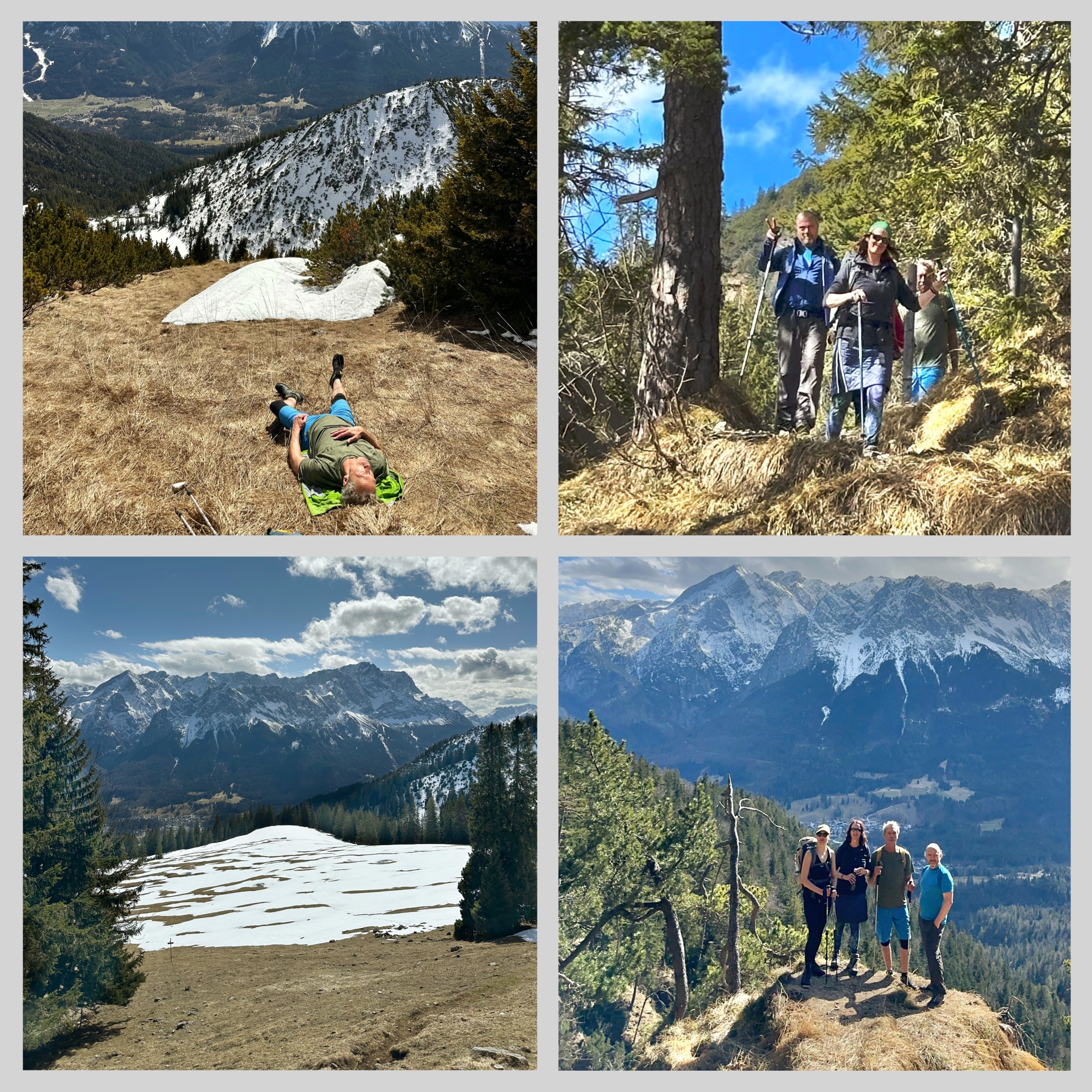 Panorama am Hirschbichel mit Wettersteingebirge und Wandergruppe im Frühling