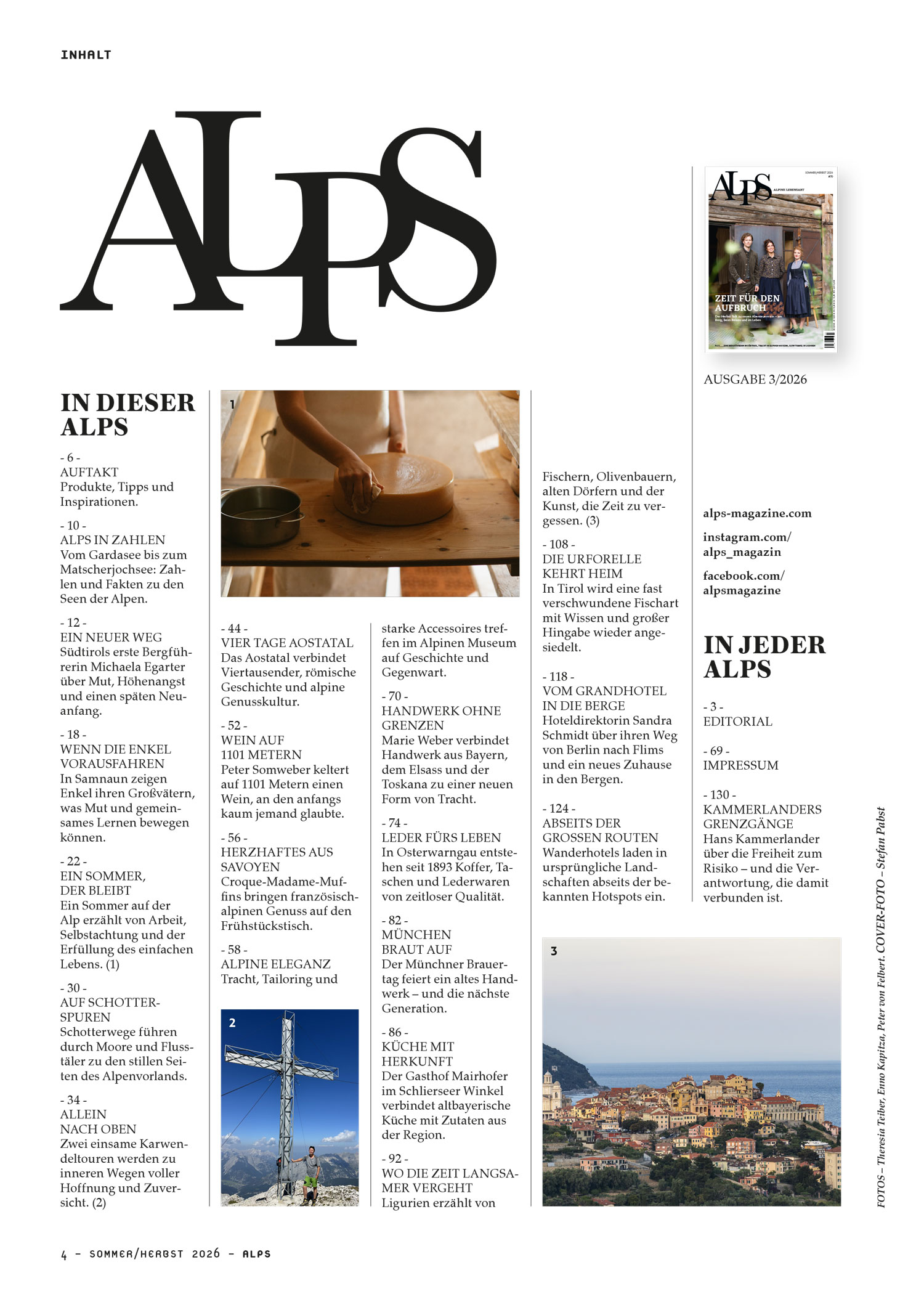 Inhaltsverzeichnis des ALPS Magazins Ausgabe 70 mit Themen zu Natur, Kultur und alpinem Leben